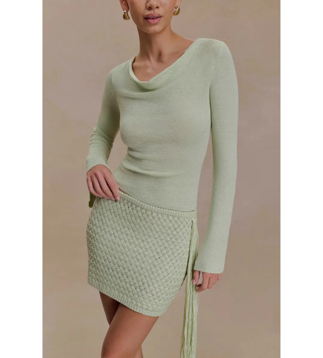 MESHKI Elowen Knit Cowl Long Sleeve Top and Terrymae Crochet Mini Skirt Set Pastel Green Size XS / AU 6  for rent on The Volte - main image