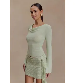 MESHKI Elowen Knit Cowl Long Sleeve Top and Terrymae Crochet Mini Skirt Set Pastel Green Size XS / AU 6  for rent on The Volte - image 4