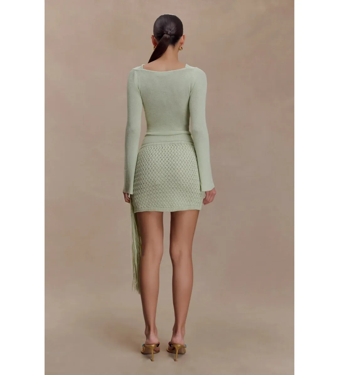 MESHKI Elowen Knit Cowl Long Sleeve Top and Terrymae Crochet Mini Skirt Set Pastel Green Size XS / AU 6  for rent on The Volte - main image