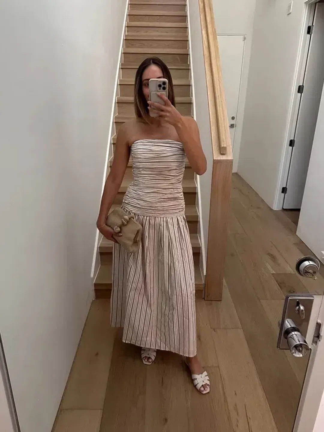 Anna Quan Isadora Strapless Maxi Dress Tobacco Stripe Size AU 6  for rent on The Volte - main image