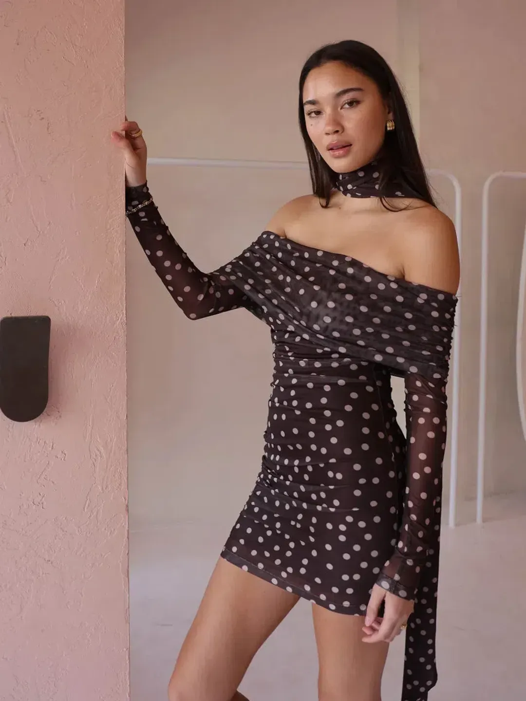 By Nicola By Nicola Boston Mini Dress Chocolate Polka Size 8 for rent on The Volte - main image