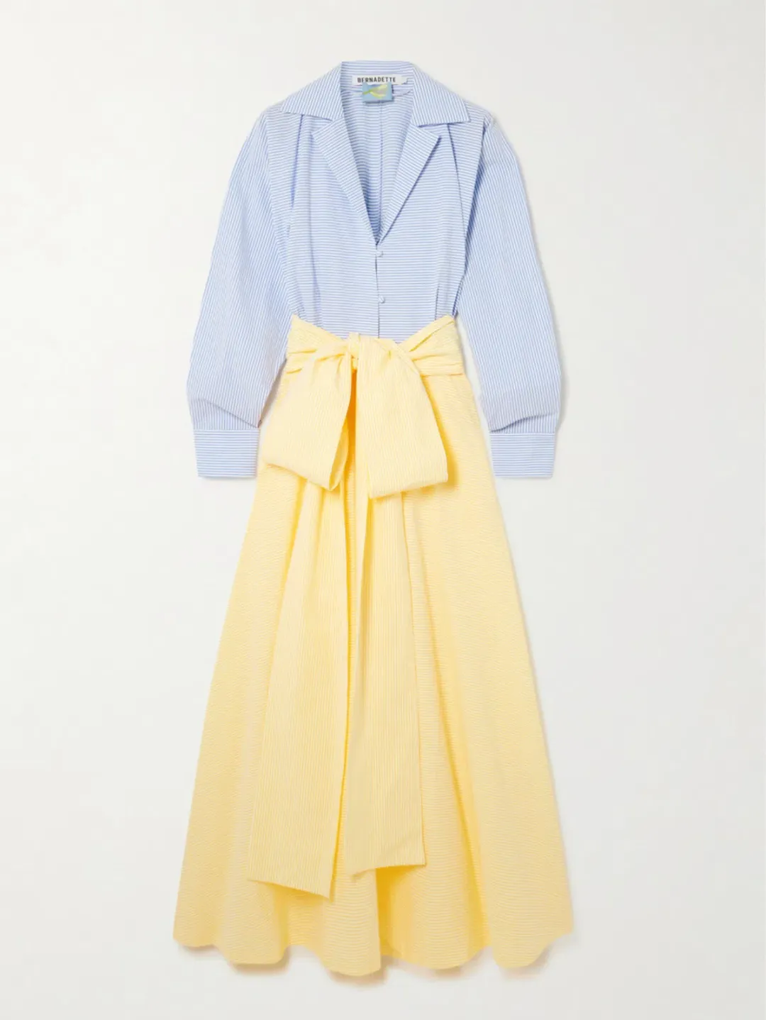 Bernadette Clarence Striped Seersucker Maxi Dress in Blue/White Striped and Yellow Size AU 12-14 for rent on The Volte - main image