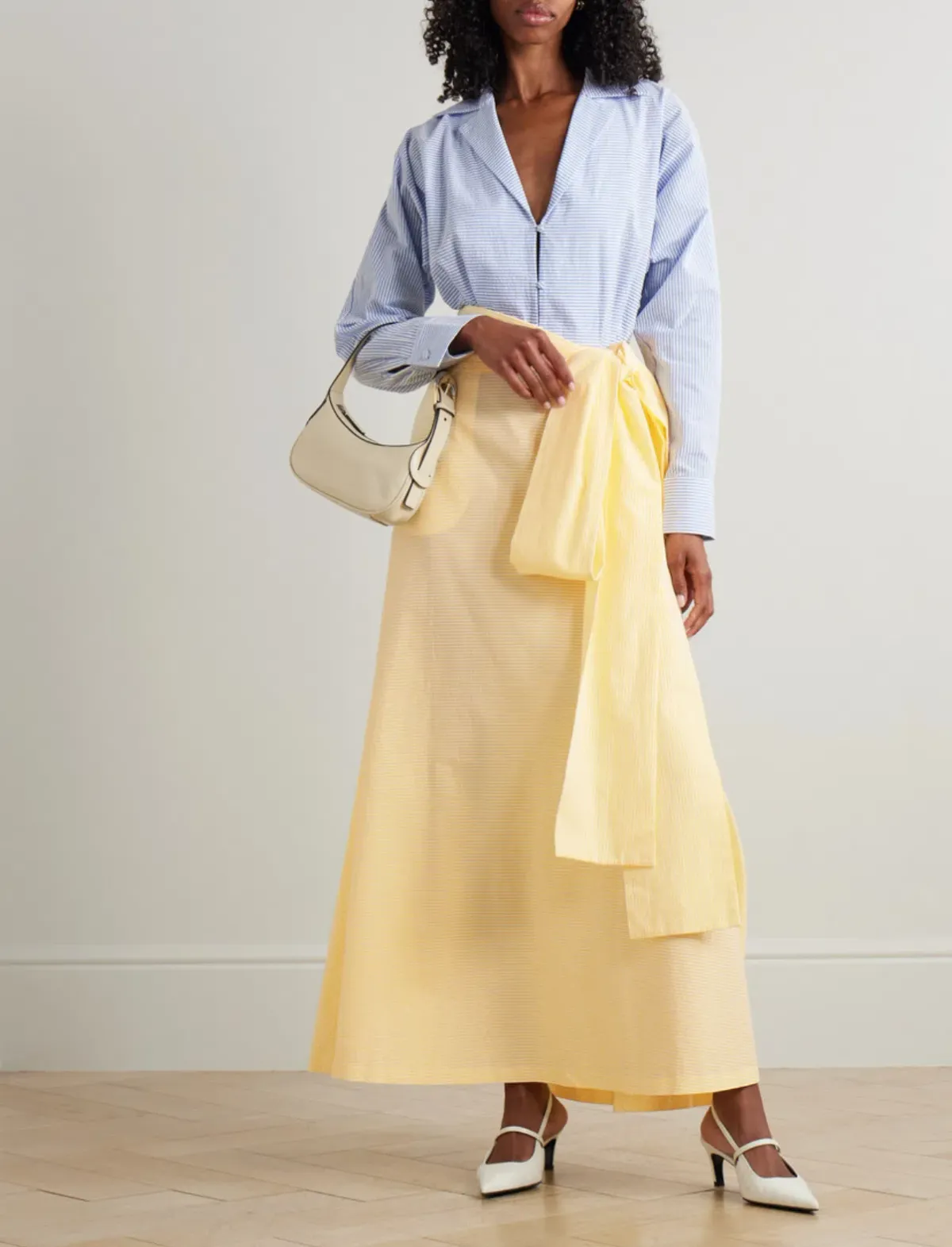 Bernadette Clarence Striped Seersucker Maxi Dress in Blue/White Striped and Yellow Size AU 12-14 for rent on The Volte - main image