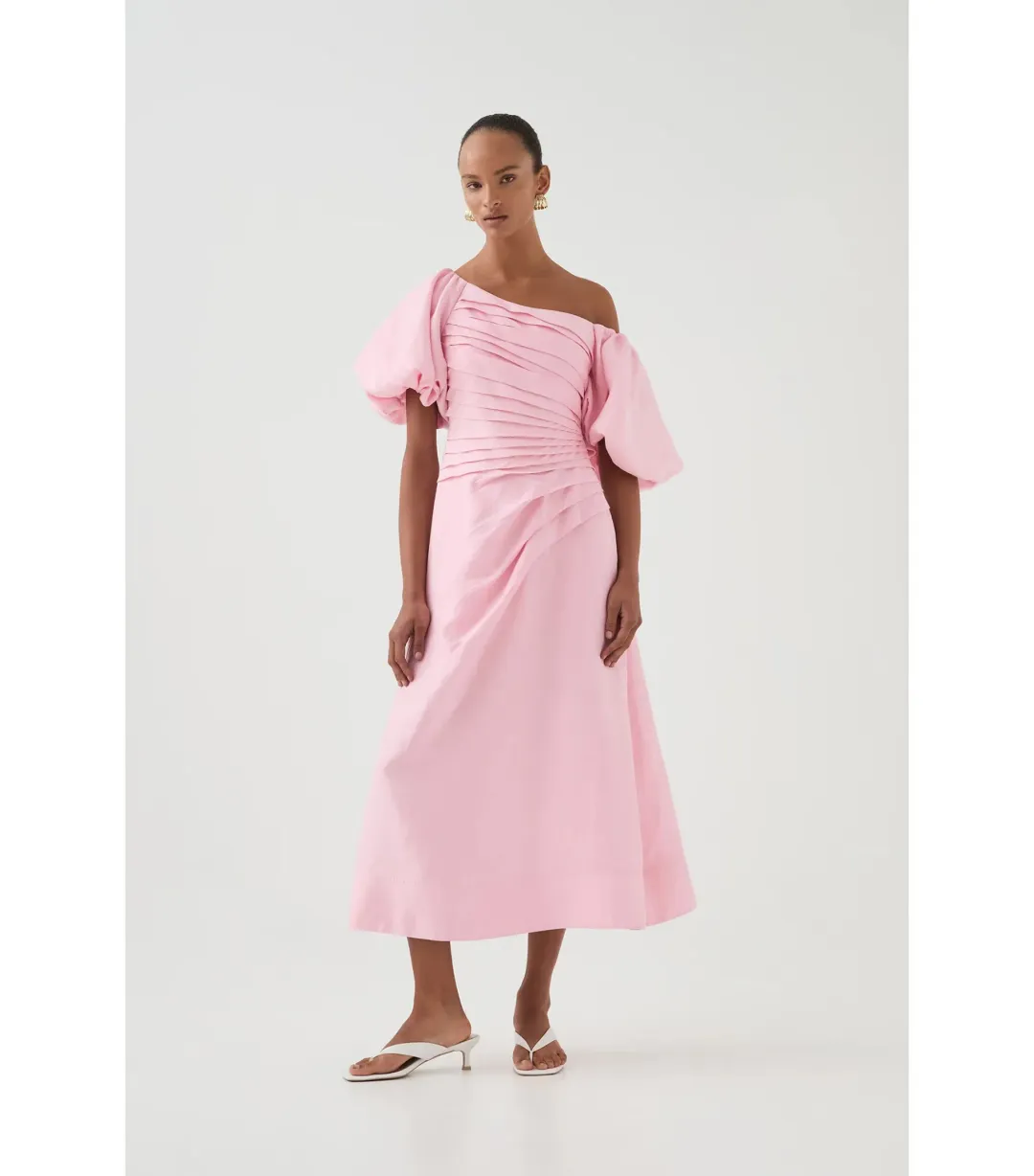 Aje Cadence Ruched Midi Dress Ballerina Pink Size AU 8 for rent on The Volte - main image