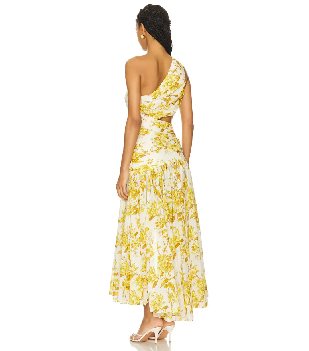 Zimmermann Golden Asymmetric Midi Dress in Yellow Toile Floral Size / 3 AU 14 for rent on The Volte - main image