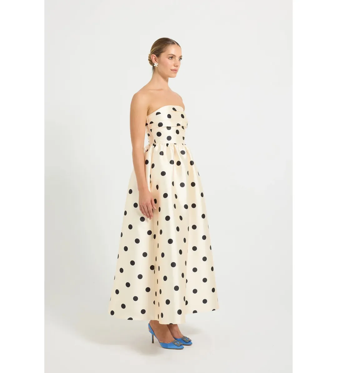 Pasduchas Dottie Strapless Midi Dress in Cream/Black Size AU 8 for rent on The Volte - main image