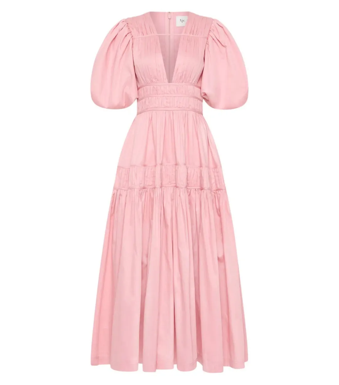 Aje Fallingwater Gathered Midi Dress Chalk Pink Size AU 6 for rent on The Volte - main image