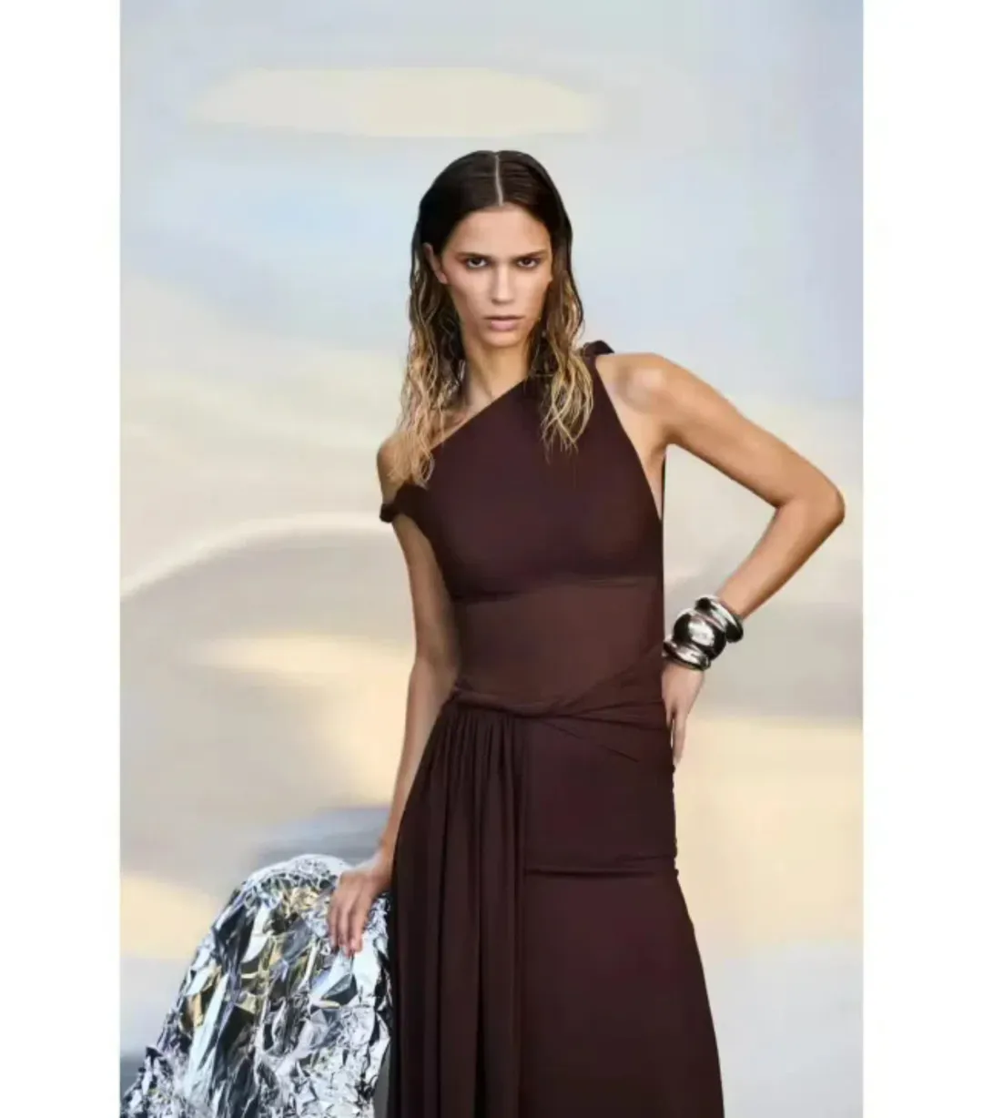 Misha Collection Sisal Mesh Maxi Dress Espresso Size 8/S for rent on The Volte - main image
