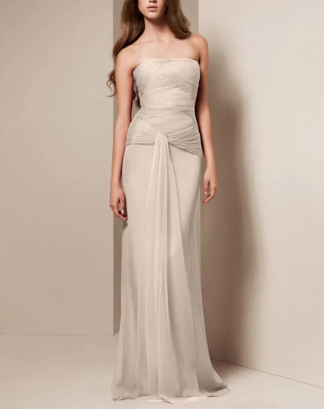 Vera Wang Strapless Chiffon Dress Champagne Size 8 for rent on The Volte - main image