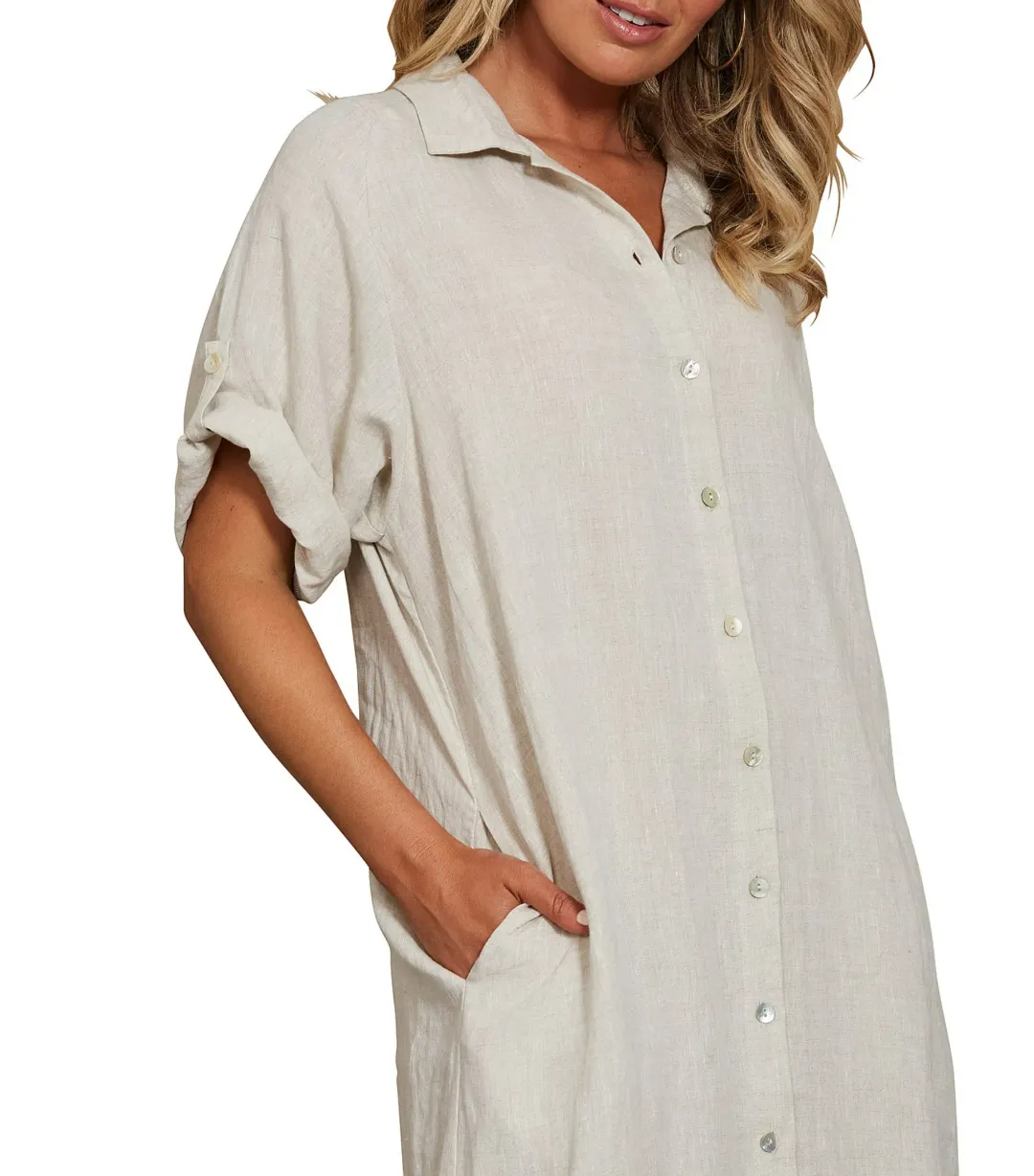 Eb And Ive Short Tab Sleeve Linen Studio Midi Shirt Dress Tusk Size M / AU 10 for rent on The Volte - main image