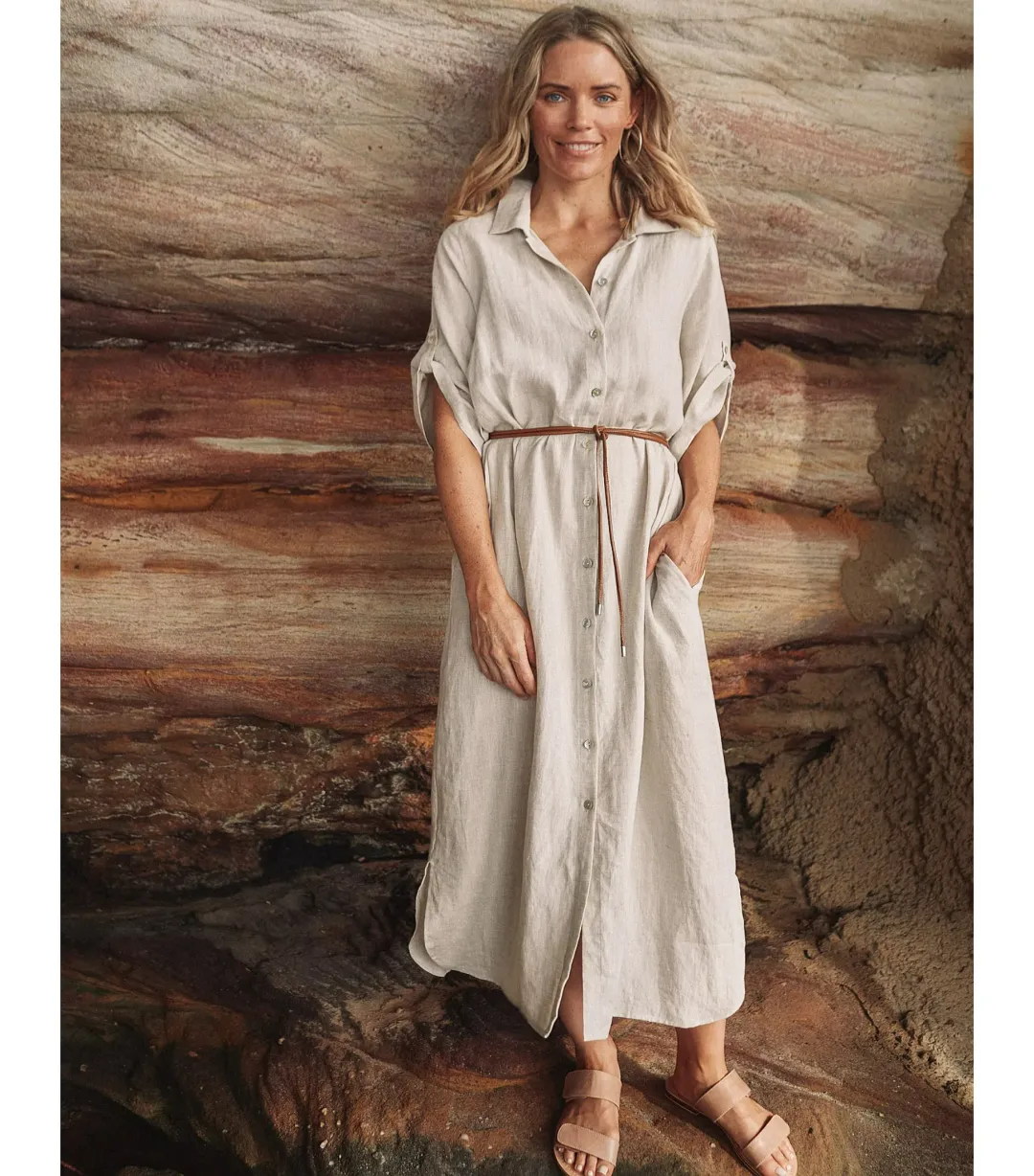 Eb And Ive Short Tab Sleeve Linen Studio Midi Shirt Dress Tusk Size M / AU 10 for rent on The Volte - main image