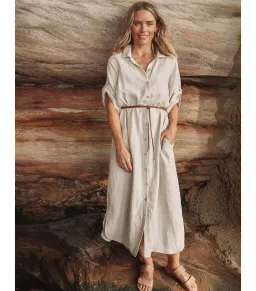 Eb And Ive Short Tab Sleeve Linen Studio Midi Shirt Dress Tusk Size M / AU 10 for rent on The Volte - image 1