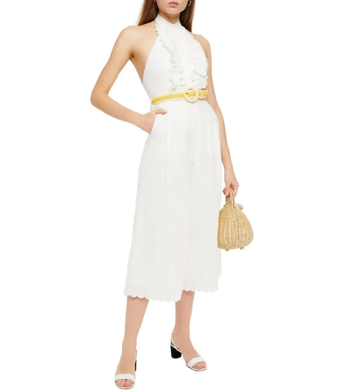 Zimmermann Amelie Frill Linen Jumpsuit White Size 1/AU 10 for rent on The Volte - main image