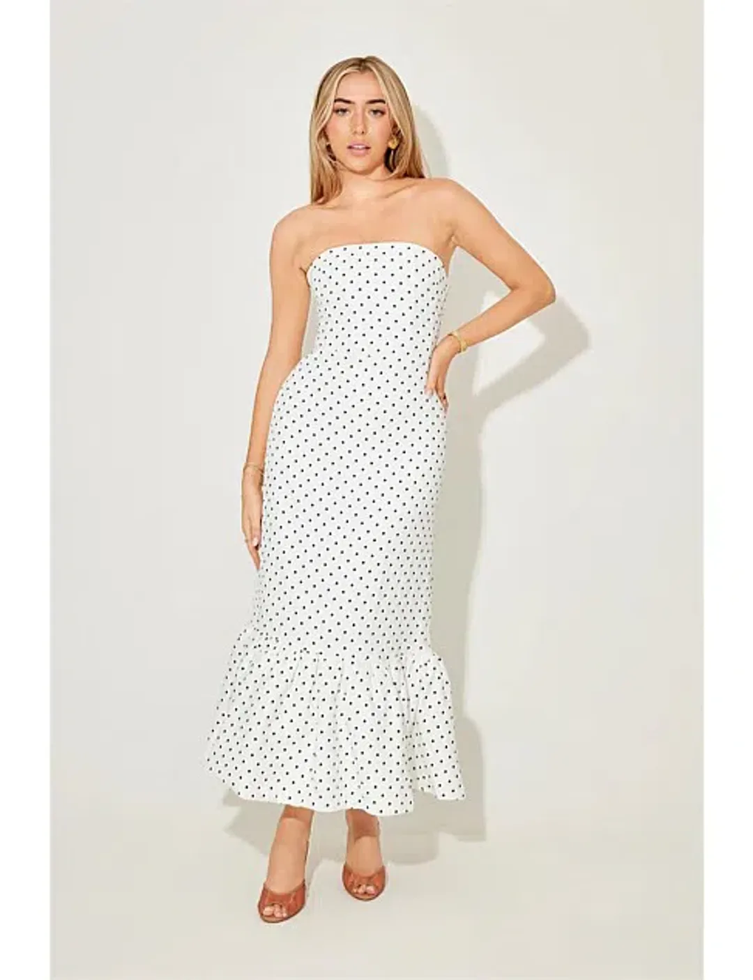Odd Muse Strapless Peplum Midi Dress in White Polka Dot Size M/AU10 for rent on The Volte - main image