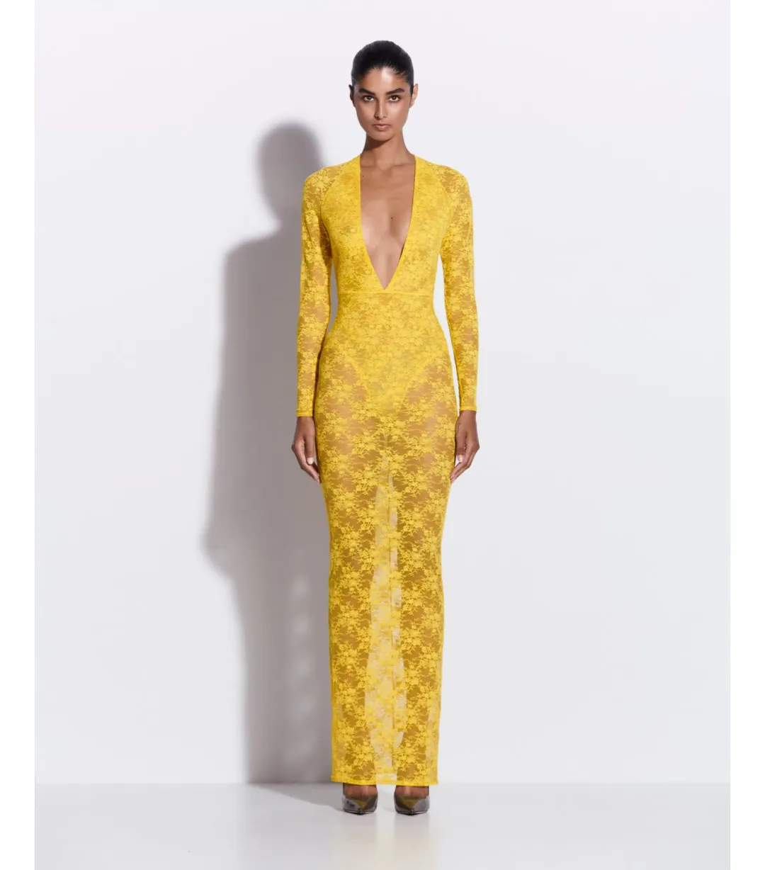 Alex Perry Long Sleeve Halter Column in Lace Yellow Size AU 8  for rent on The Volte - main image