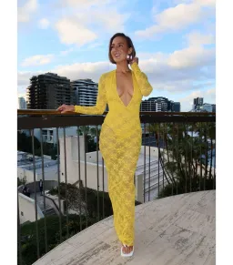 Alex Perry Long Sleeve Halter Column in Lace Yellow Size AU 8  for rent on The Volte - image 3