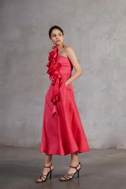 New! Aje Adelia Ruffle Midi Dress in Bougainvillea Red Size AU 6 for rent on The Volte - image 5