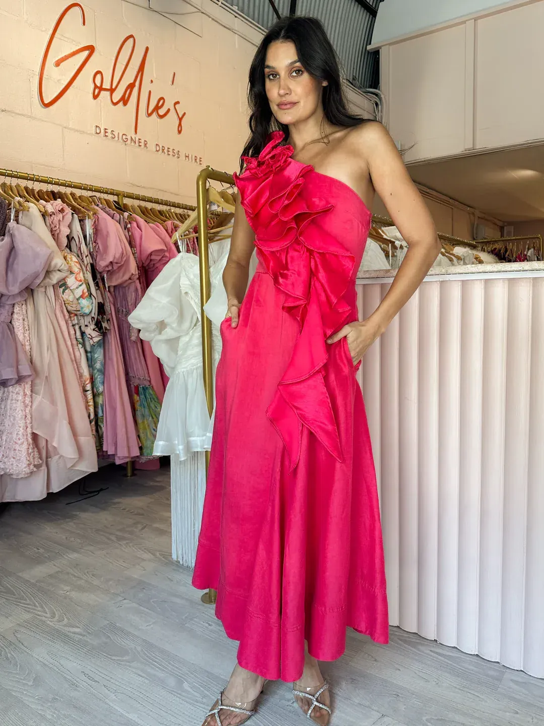 New! Aje Adelia Ruffle Midi Dress in Bougainvillea Red Size AU 6 for rent on The Volte - main image