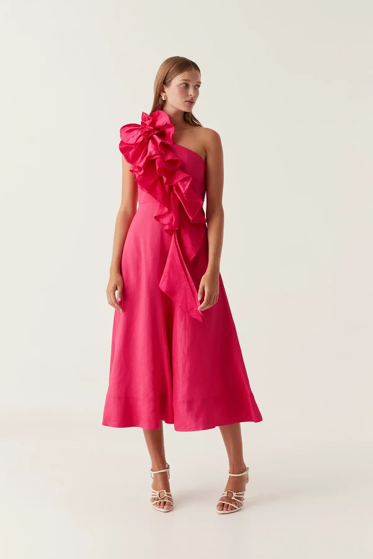 New! Aje Adelia Ruffle Midi Dress in Bougainvillea Red Size AU 6 for rent on The Volte - main image