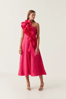 New! Aje Adelia Ruffle Midi Dress in Bougainvillea Red Size AU 6 for rent on The Volte - image 1