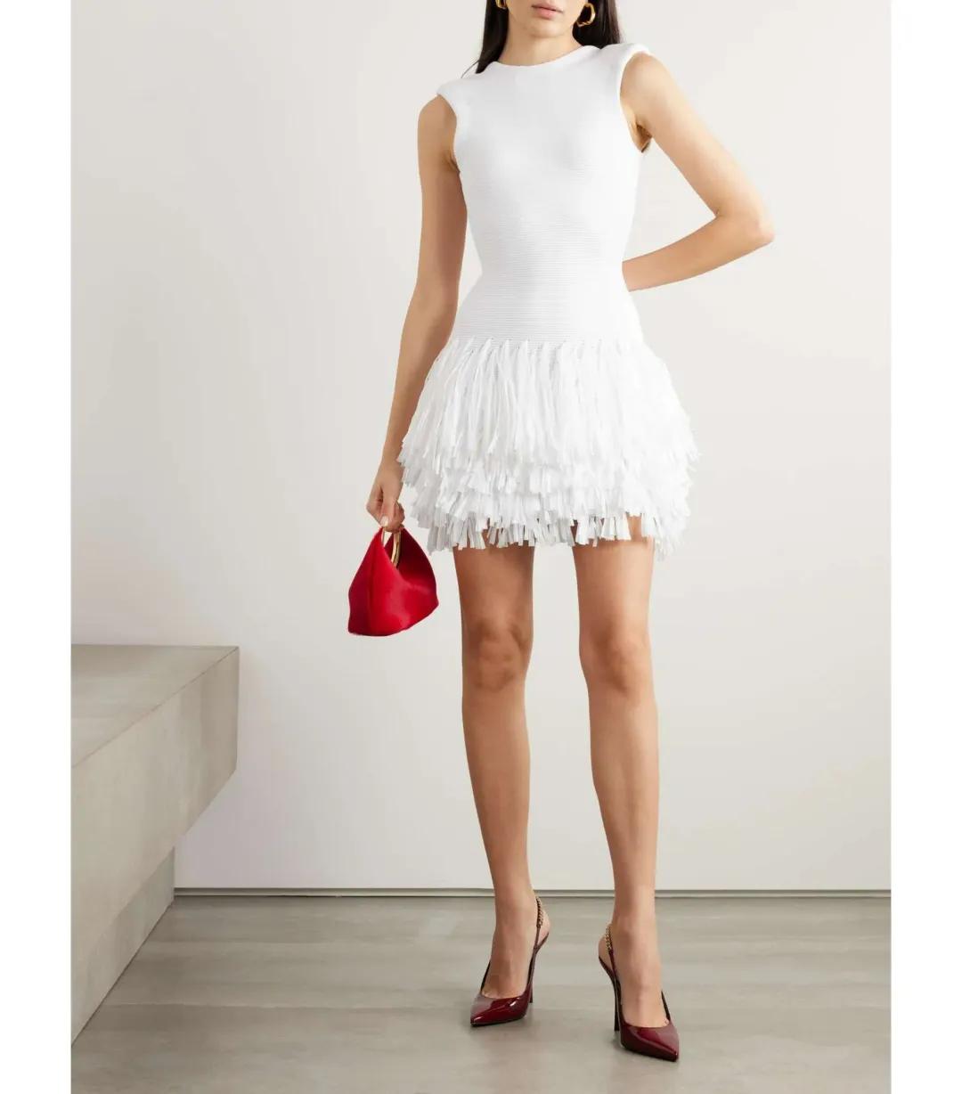 Aje Rushes Raffia Knit Mini Dress in White Size AU 10 for rent on The Volte - main image