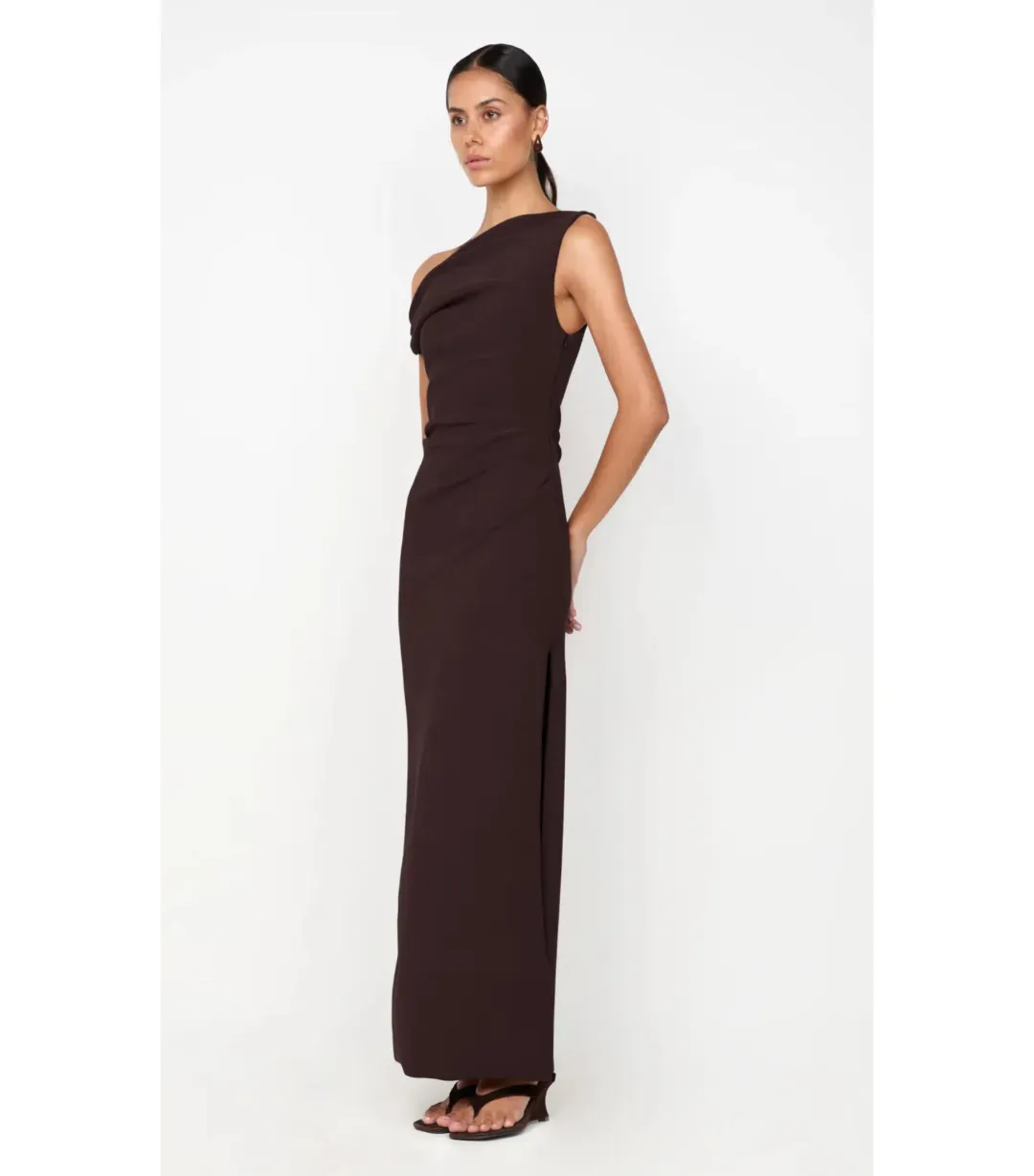 Bec & Bridge Leora Asym Maxi Dress in Dark Chocolate Size AU 12 for rent on The Volte - main image