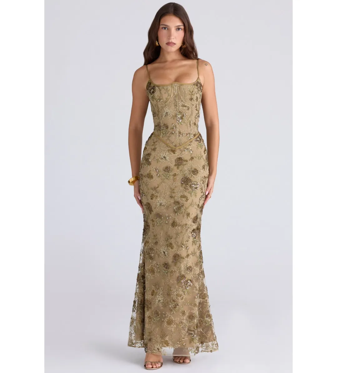 House of CB Naima Olive Bronze Hand Beaded Embellished Corset Maxi Dress Size M/Au 10  for rent on The Volte - main image