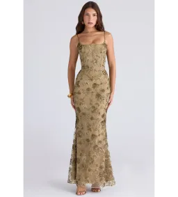 House of CB Naima Olive Bronze Hand Beaded Embellished Corset Maxi Dress Size M/Au 10  for rent on The Volte - image 1