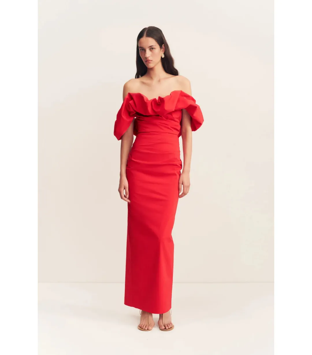 Shona Joy Campbell Off Shoulder Bubble Maxi Dress Goji Size AU 8  for rent on The Volte - main image