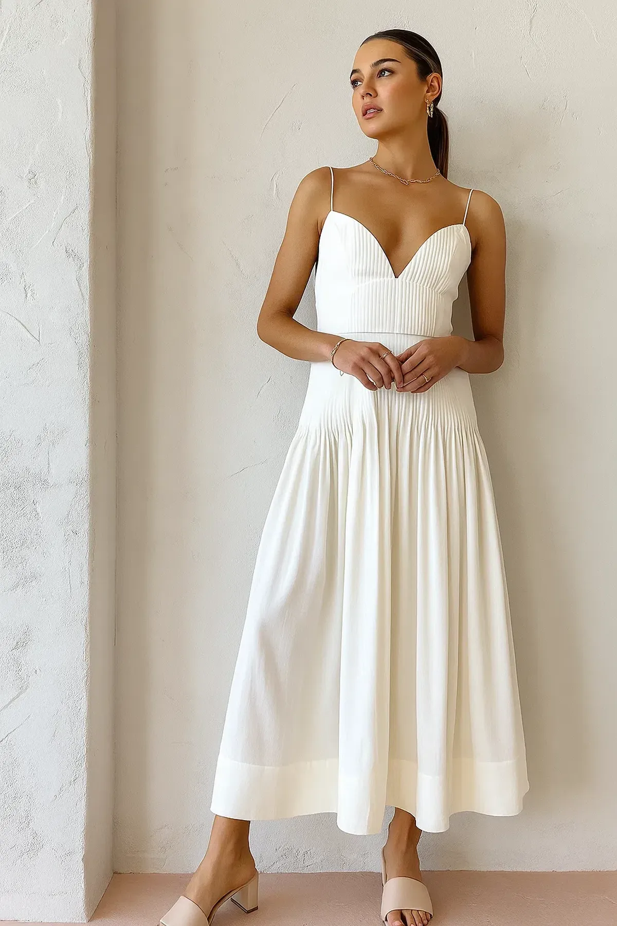 Clea Cameron Pin Tuck Midi Dress White Size AU 8 for rent on The Volte - main image