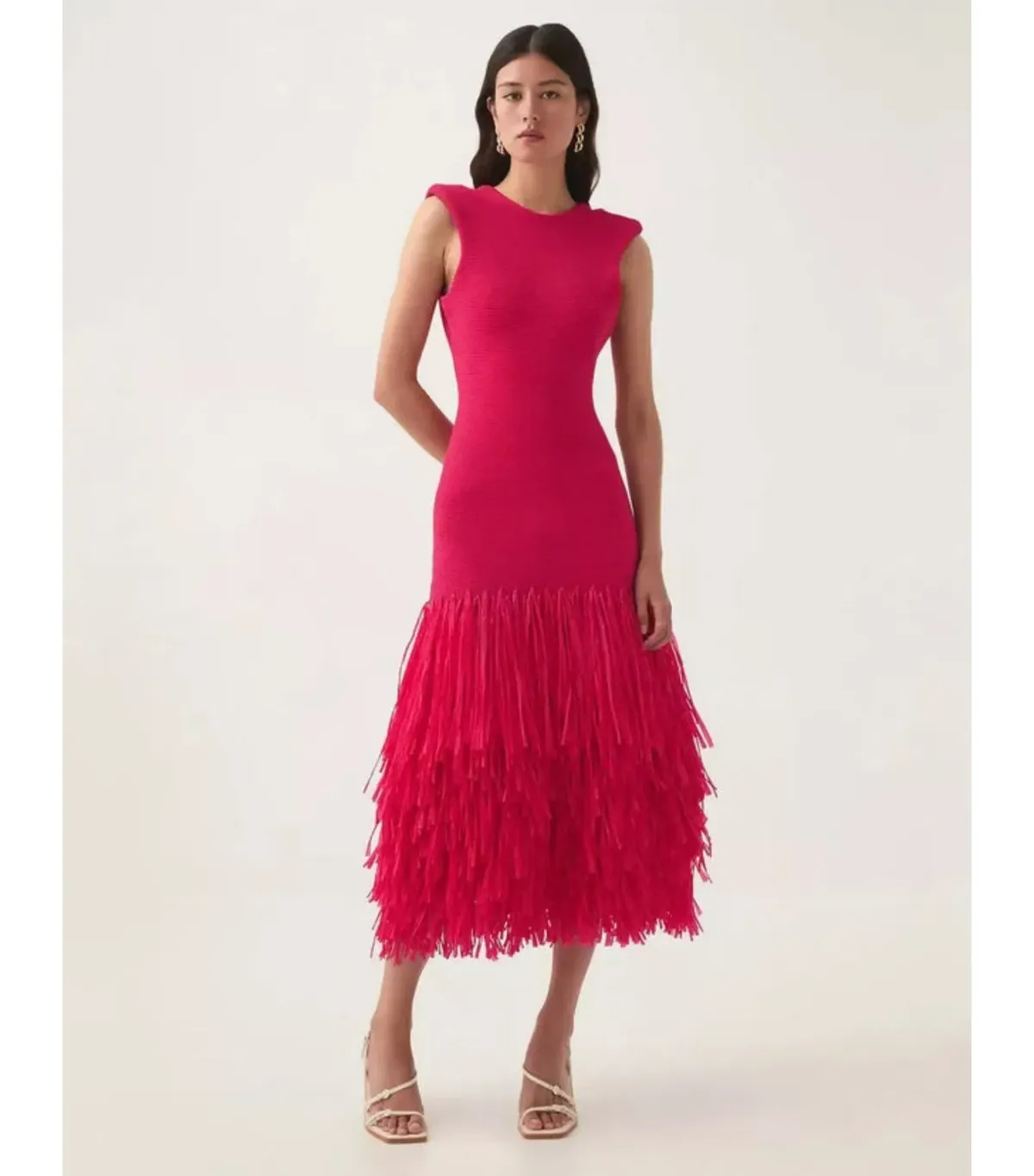 Aje Rushes Raffia Knit Midi Dress Deep Fuschia Size AU 8  for rent on The Volte - main image