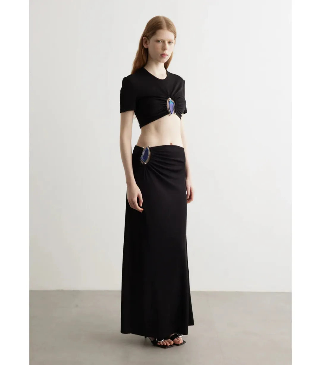 Christopher Esber Moodstone Ruched Crop T-Shirt and Maxi Skirt Black Size AU 8 for rent on The Volte - main image