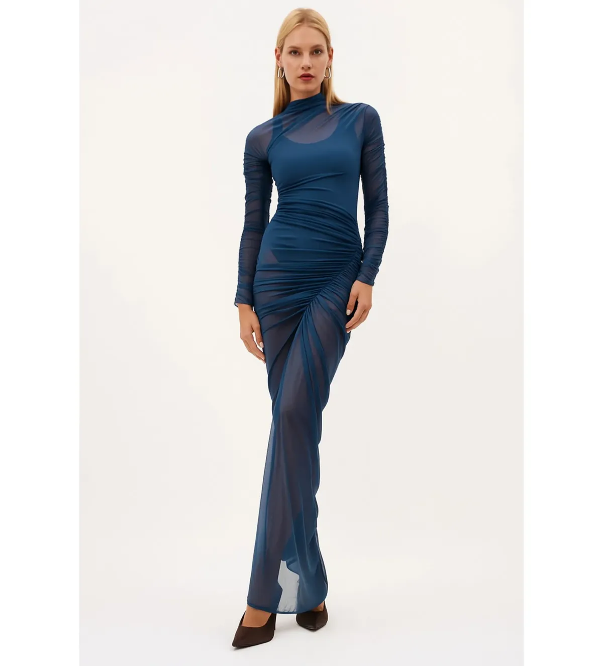 Atlein Hyper Ruched Gown in Orage/Navy Blue Size 6  for rent on The Volte - main image
