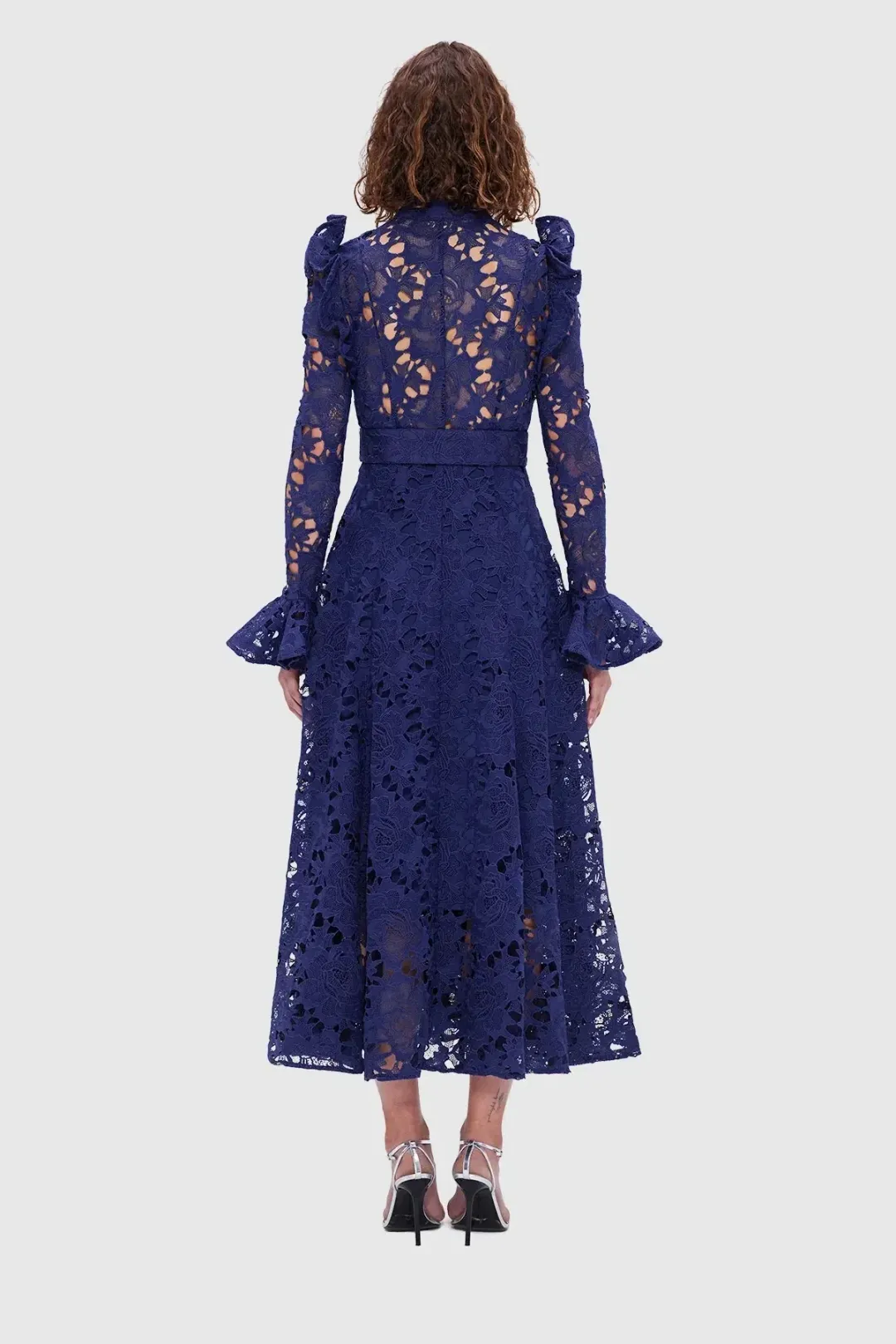 Leo Lin Aliyah Lace Butterfly Sleeve Midi Dress Oxford Blue Size 10  for rent on The Volte - main image