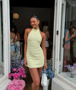 With Harper Lu Textured Halter Mini Dress Lemon Yellow Size XS/Au 6  for rent on The Volte - image 1