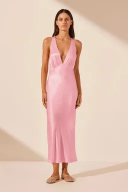 La Lune Plunged Cross Back Midi Dress Pink Size 10 for rent on The Volte - image 1