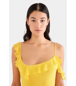 Venroy Asymmetric Low Back Silk Ruffle Dress Yellow Gold Size AU 8 for rent on The Volte - image 2