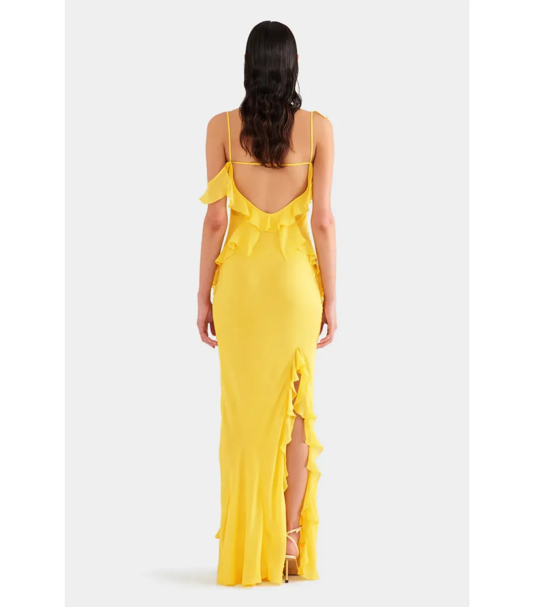 Venroy Asymmetric Low Back Silk Ruffle Dress Yellow Gold Size AU 8 for rent on The Volte - main image