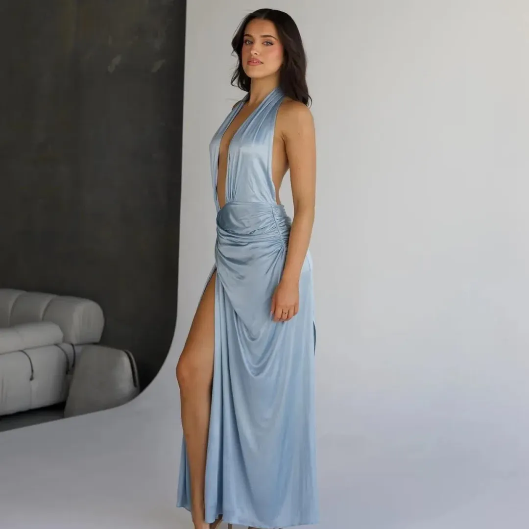 Courtney Zheng Selene Plunge Jersey Maxi Gown Blue Size AU 8  for rent on The Volte - main image