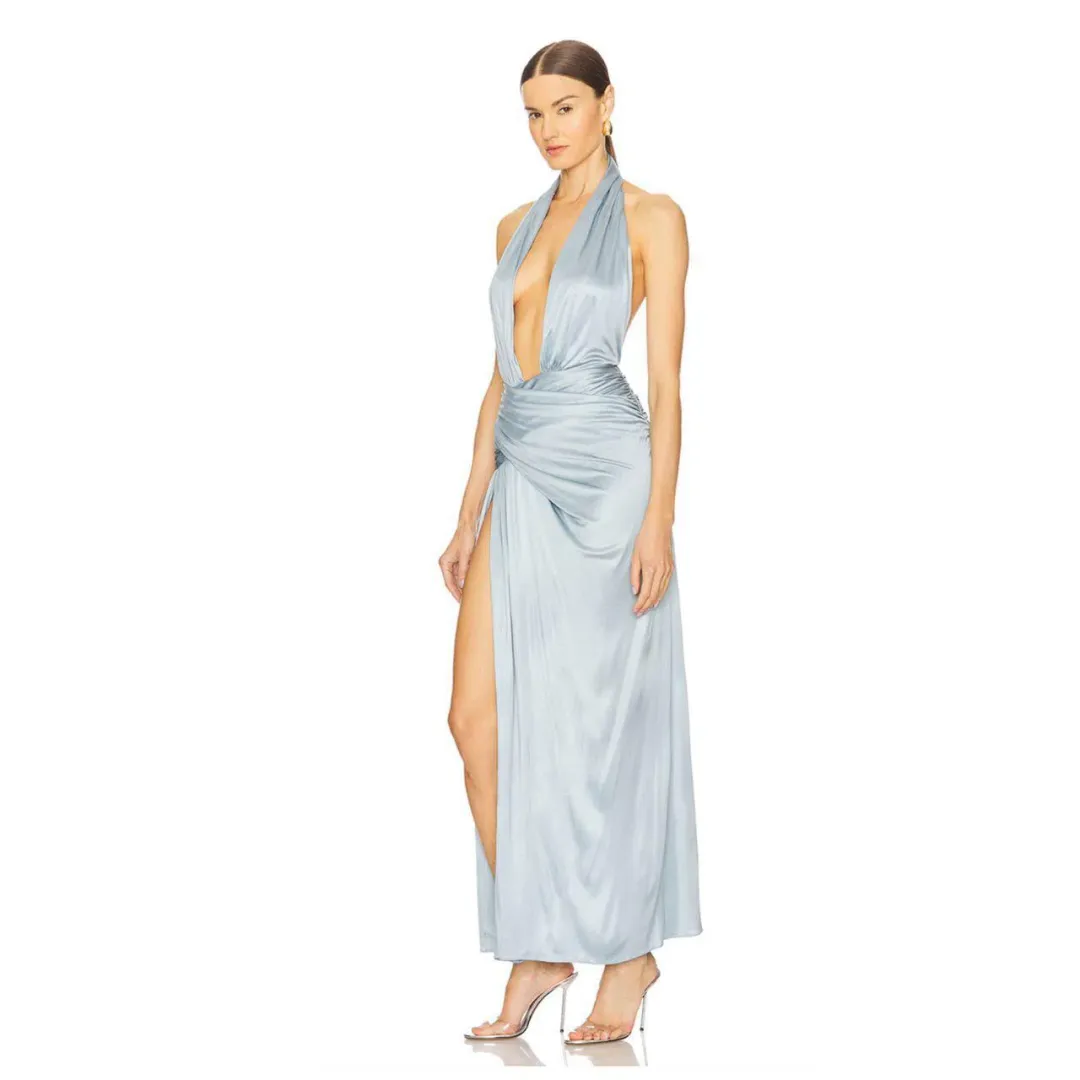Courtney Zheng Selene Plunge Jersey Maxi Gown Blue Size AU 8  for rent on The Volte - main image
