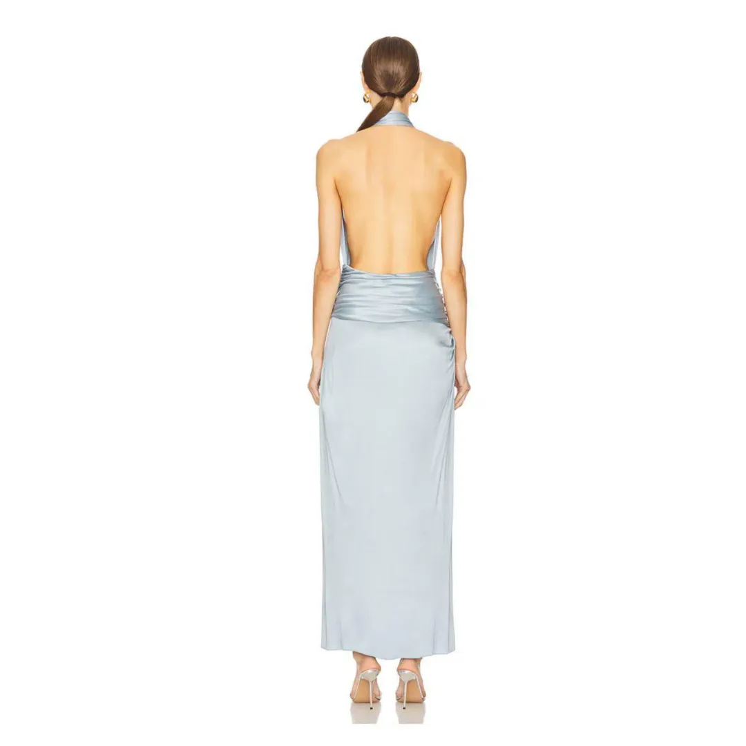 Courtney Zheng Selene Plunge Jersey Maxi Gown Blue Size AU 8  for rent on The Volte - main image