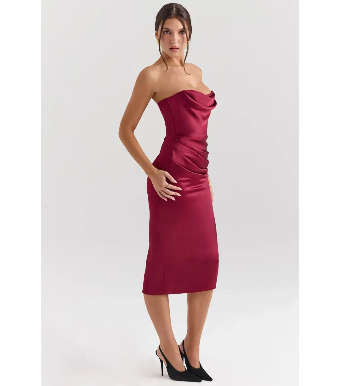 House Of CB Santana Satin Strapless Midi Dress Berry Size M / AU 10 for rent on The Volte - main image
