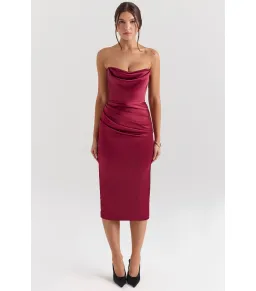 House Of CB Santana Satin Strapless Midi Dress Berry Size M / AU 10 for rent on The Volte - image 1