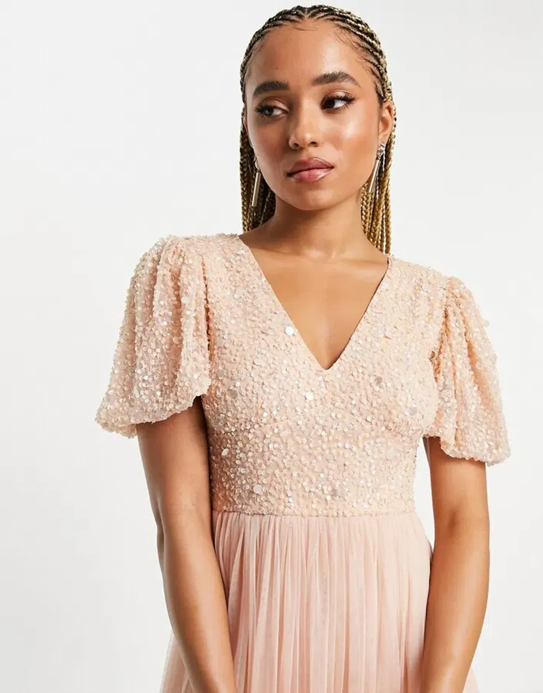 Beauut Bridesmaid Sequin Embellished Maxi Dress with Tulle skirt in pink for rent on The Volte - main image