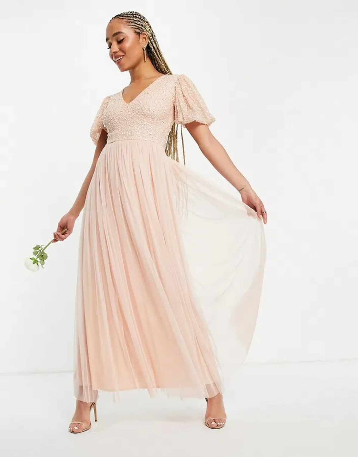 Beauut Bridesmaid Sequin Embellished Maxi Dress with Tulle skirt in pink for rent on The Volte - main image