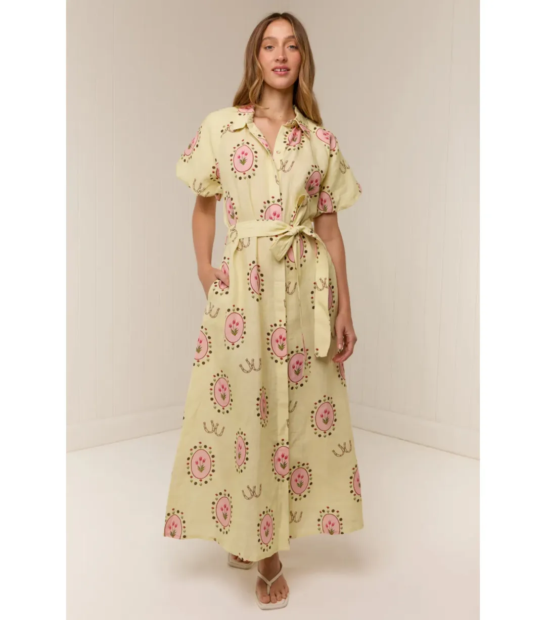 Palm Noosa Marla Maxi Dress in Savanna Tile Yellow Size AU 8 for rent on The Volte - main image