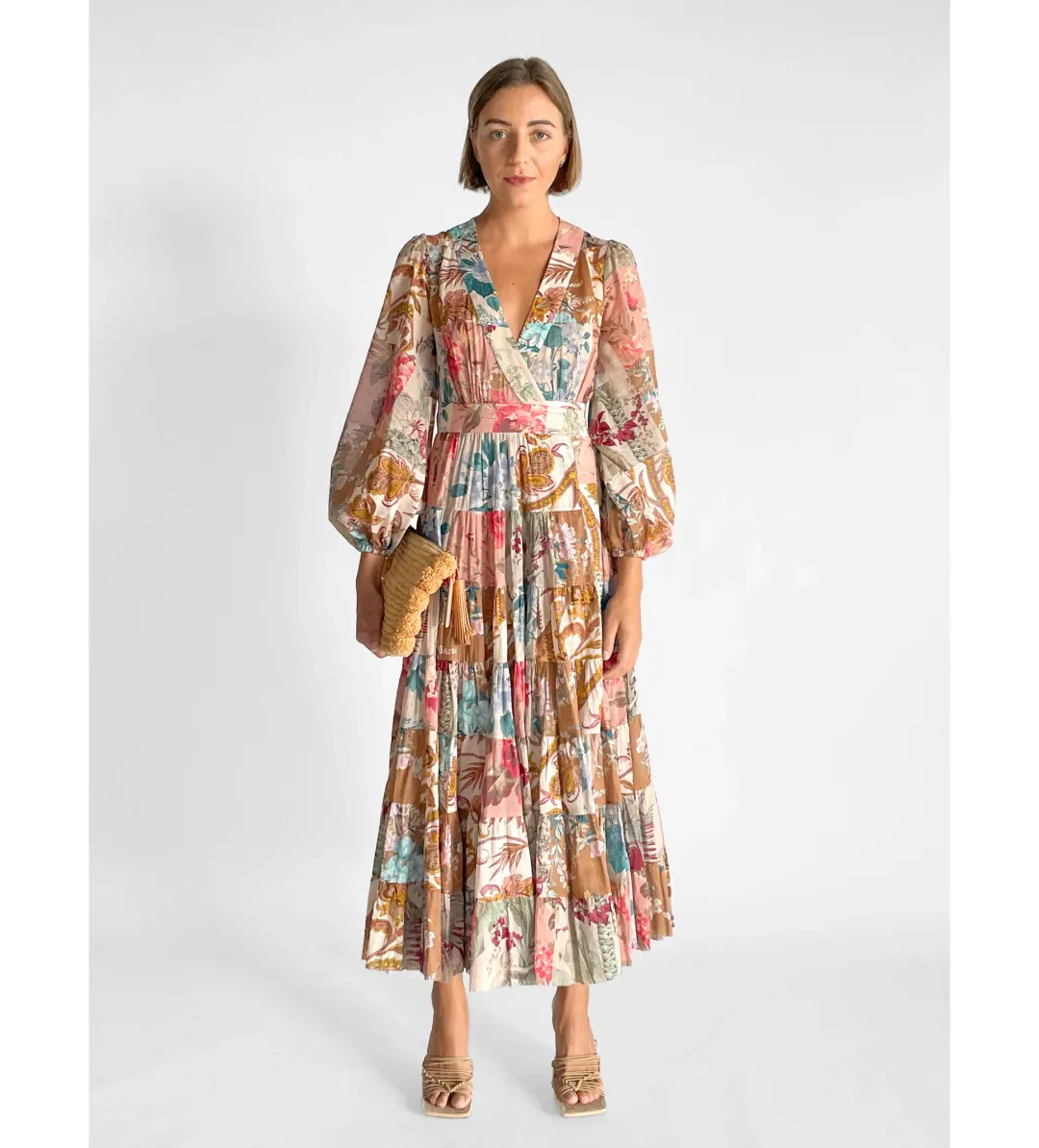Zimmermann Cassia Patchwork Wrap Midi Dress Print Size 2/AU12 for rent on The Volte - main image