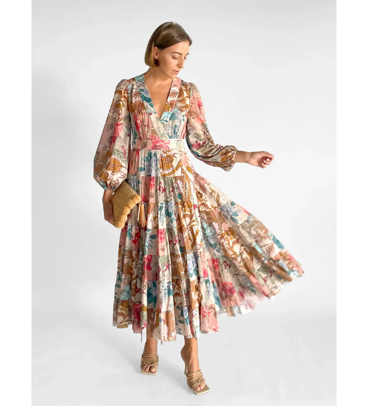 Zimmermann Cassia Patchwork Wrap Midi Dress Print Size 2/AU12 for rent on The Volte - main image