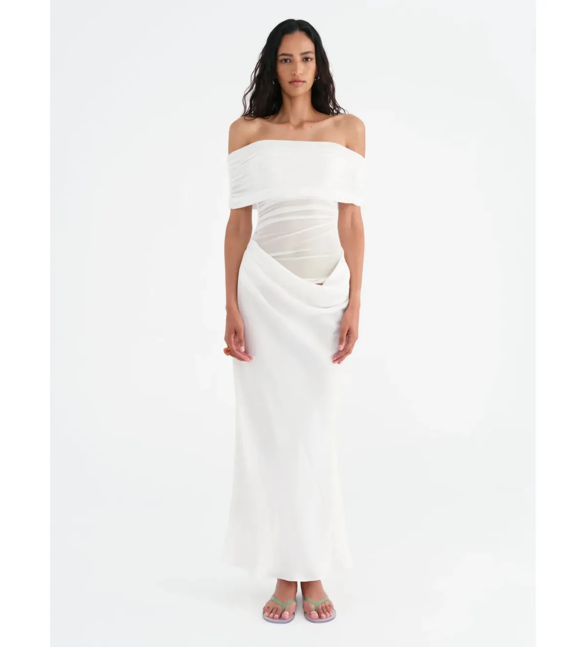 Benni Nico Off Shoulder Maxi Dress in White Size AU14 for rent on The Volte - main image