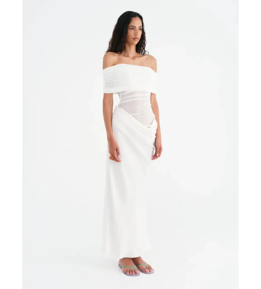Benni Nico Off Shoulder Maxi Dress in White Size AU14 for rent on The Volte - main image